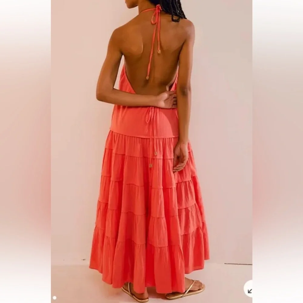 Free People Coral Tiered Halter Maxi Dress